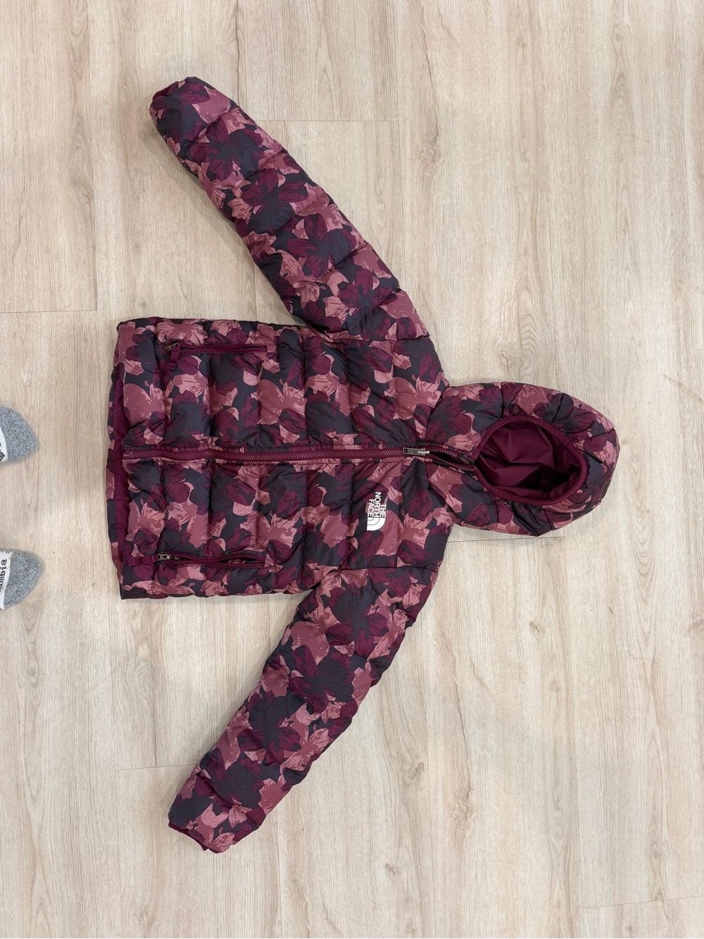 The North Face Girls' Burgundy Floral Hooded Puffer Jacket
